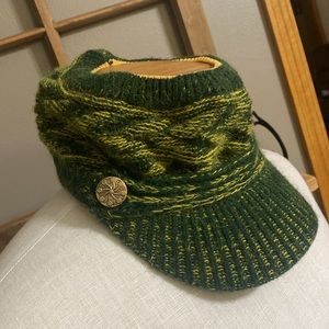 Green and yellow Celtic wool Knit pony tail hat with brim one size fits most